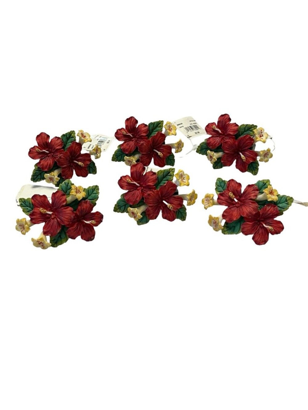 Set 6 Hibiscus Floral Napkin Rings Tropical Red Yellow Table Decor Bermuda